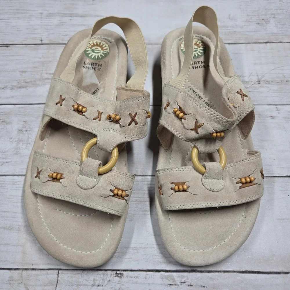 Earth Shoe Bradley WW Sandals Boho Slingback Women 9 Tan Beaded Suede Wide